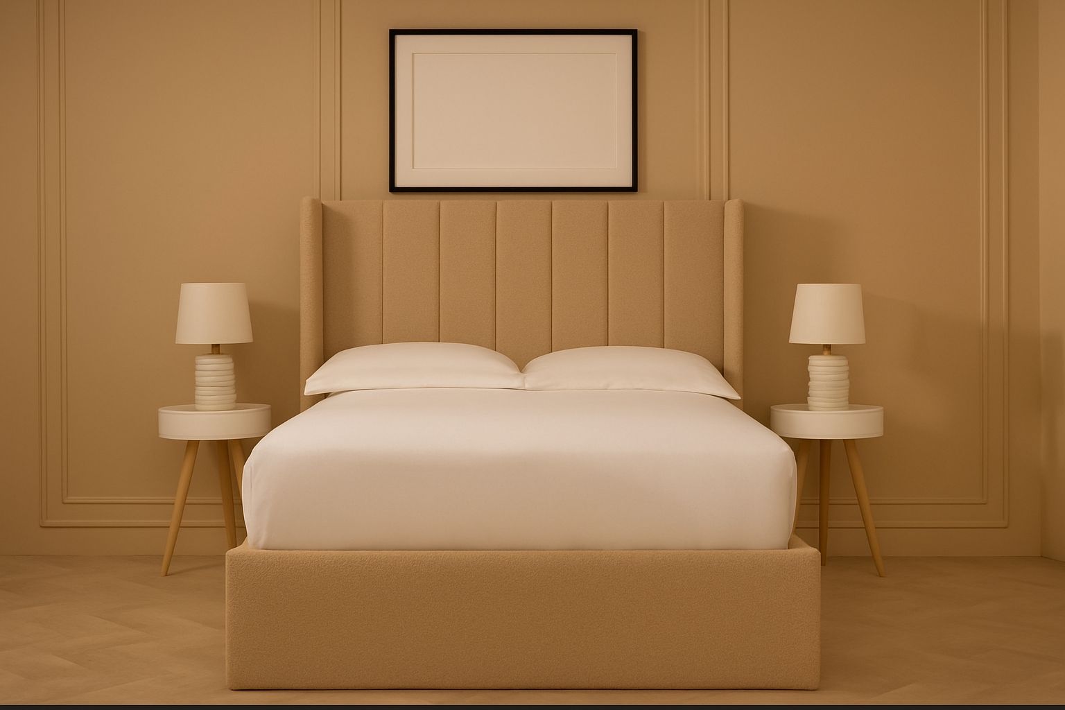 Beige bedroom with a bed, nightstands, and lamps against a beige wall.