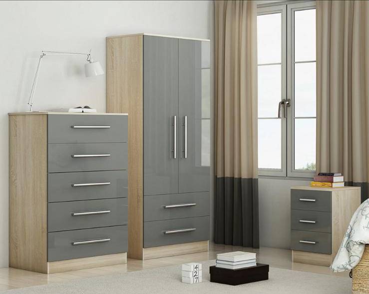 Trio Set Gloss Wardrobe Chest Bedside